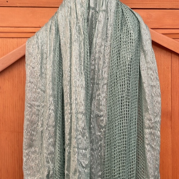 Soft deep mint green infinity scarf with silver metallic highlights, 72”X 28” - Picture 2 of 11
